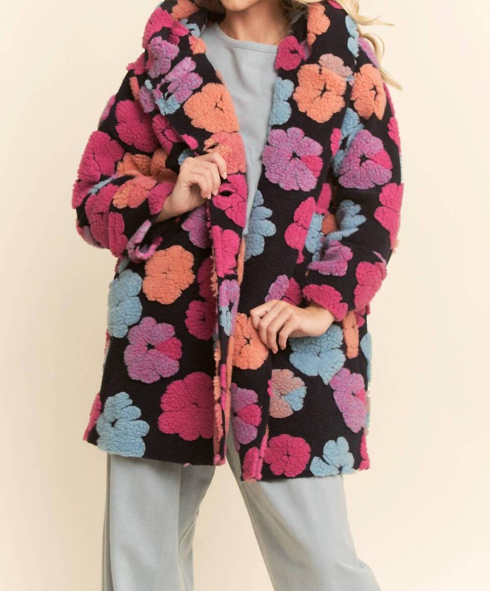 NEW DAVI & DANI chunky flower embroidered hoodie coat jacket - plus in blue/pink